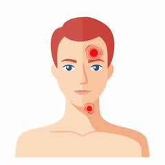 Medical illustration of a man with headache and sore throat pain points