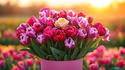 A vibrant bouquet of tulips in a pink box.