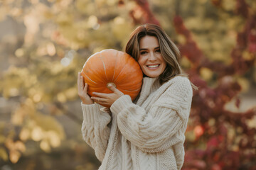 Autumn Embrace: A woman radiates warmth and autumnal joy as she clutches a vibrant pumpkin, set against the backdrop of fall foliage and warm light.