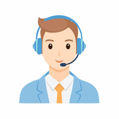 Friendly cartoon man wearing a headset and blue jacket for customer service