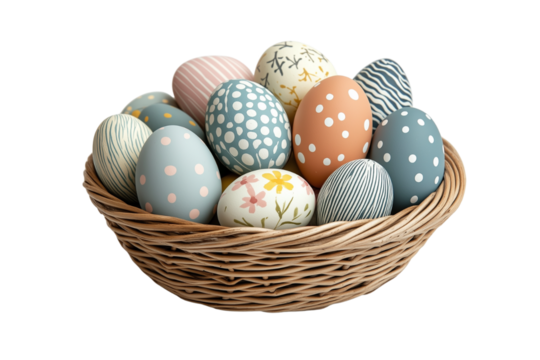 Easter eggs in a wicker basket pastel colors pretty designs spring holiday