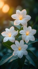 Fototapeta premium Delicate white flowers with a hint of yellow bask in the warm glow of the setting sun