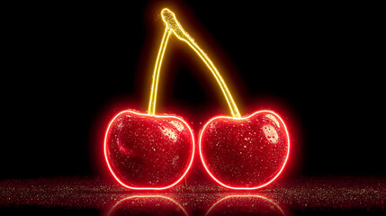 Neon cherry illustration with vibrant red and yellow glow