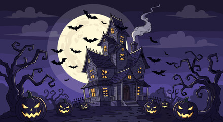 Spooky Haunted Mansion Bat Filled Full Moon Halloween Night