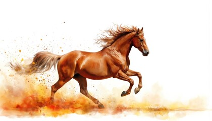 Brown horse gallops through landscape. Majestic horse, mane flowing freely, speeding through serene countryside. River runs calmly in background, amidst brown, orange hues. Realistic horse