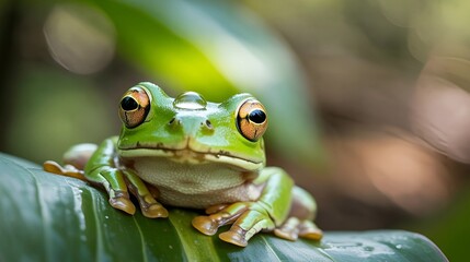 Fototapeta premium Closeup shot photograph of frog eye, frog, closeup, wildlife, macro, eye, tropical, photo, rainforest, exotic, green, tree frog, vibrant, color image, photography, close-up 