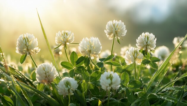 ethereal splendor of ivory clover blossoms nestled amidst glistening blades of morning dew epitomizes a tranquil tableau with their dainty petals and serene emergence of a new day