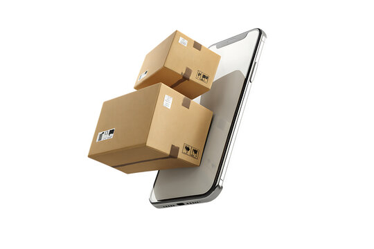 Cardboard boxes on smartphone screen. E commerce, online shopping, delivery concept. - Powered by Adobe