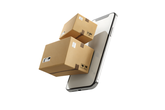 Cardboard boxes on smartphone screen. E commerce, online shopping, delivery concept.
