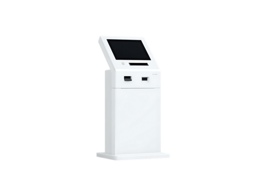 White self service kiosk with touchscreen.