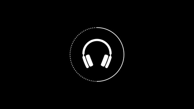 White headphones icon on black background with dotted circle animation audio symbol technology