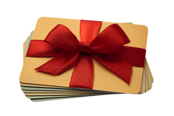 Stack of gift cards tied with a red ribbon
