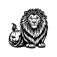 A bold black and white illustration depicting a majestic lion with a flowing mane sitting calmly next to a lit, carved Halloween jack-o'-lantern.