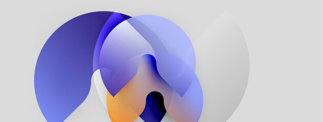 Abstract shapes overlap, creating soft gradients. Blues, purples, orange blend into light background. Minimalist design evokes fluidity.