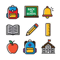 Back to School Colorful Icons Set – Education and School Supplies in Bright Flat Style