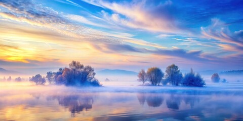 Serene Dawn Misty Lake with Silhouetted Trees and a Colorful Sky Reflecting on the Still Water