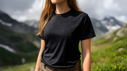 Fototapeta premium Woman Wearing Black T Shirt Mockup with Mountain Landscape Background