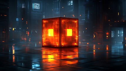Luminous cube in a futuristic city setting.