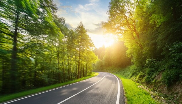 winding asphalt road through forest with green trees and lush grass in sunlight - Powered by Adobe