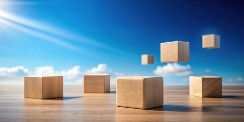 Wooden Cubes Floating and Resting on a Tabletop Against a Sunny Sky Background