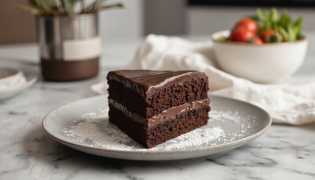 Rich dark chocolate cake slice served on a minimalist white plate in modern kitchen setting with fresh ingredients, potted plant, and fruit bowl in background.