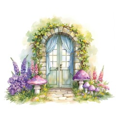 Fototapeta premium Enchanting garden scene with stone archway, blue curtain, wooden bridge. Purple mushroom, flowers, green doors, white wall backdrop. Whimsical, dreamy, fantasy landscape with nature, beauty, romance,