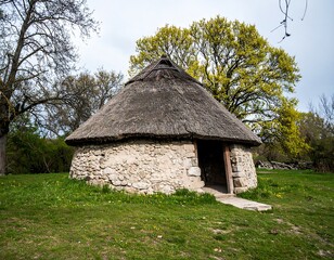 Historic round stone hut with a traditional thatched roof nestled in a verdant rural landscape