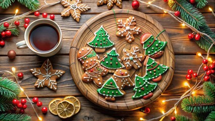 A Festive Holiday Scene Featuring Aromatic Spiced Cookies and Warm Beverage on Rustic Wooden Surface Decorated with Evergreens and Festive Lights