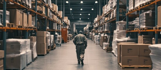Forklift and worker inside a busy warehouse