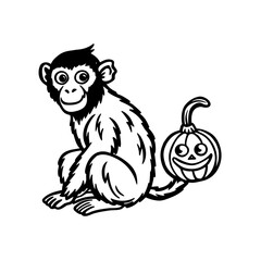 Whimsical black and white drawing depicting a sitting monkey with a carved Halloween pumpkin on its tail.