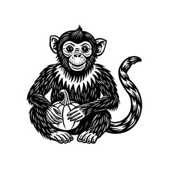 Black and white illustration of a young monkey sitting and gently holding a small pumpkin.