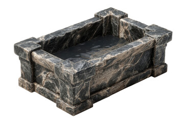 Rectangular stone basin filled with water.  Dark gray stone, detailed edges,  simple,  ancient,  water feature,  rectangular,  basin,  stonework