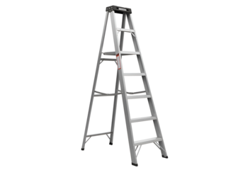 Gray metal stepladder against a black background.