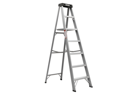 Gray metal stepladder against a black background.