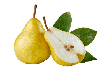Fresh yellow pears with green leaves.
