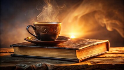 A steaming cup of tea rests on an antique book, bathed in warm light
