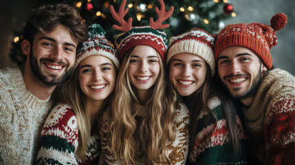 Group of smiling young people in festive sweaters and winter hats posing together near Christmas tree during holiday season
