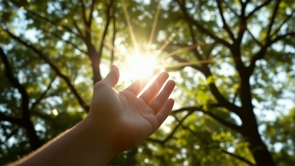 Hand reaching for sunlight through trees nature photography sunny day bright light hopeful feeling