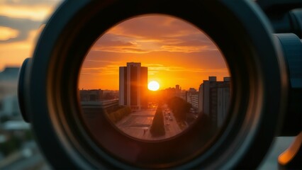 Sunset cityscape view through scope optical sight hunting rifle sniper targeting concept