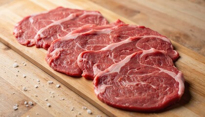 Fototapeta premium Wooden board divided into four sections, white and red. Steak or roast in center, surrounded by white crystals on wooden surface. Close-up of raw meat on kitchen cutting board.