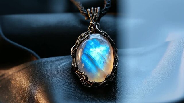 Elegant moonstone pendant with blue hues on black fabric background  