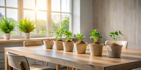 Sunlight illuminates a row of potted plants arranged on a light wood dining table, adding a touch of natural beauty to the interior.