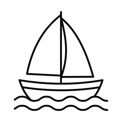 A black and white drawing of a sailboat on the water. The boat is small and has a white sail. The water is calm. Editable Stroke.