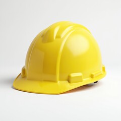 Fototapeta premium Yellow hard hat on white background. Minimalist design, safety equipment, protective gear. Closed hard hat, central focus, bright yellow color, work industry, construction site, worker safety.