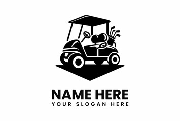 Obraz premium Black and white golf cart logo with clubs and steering wheel.