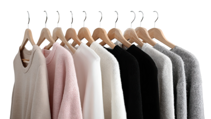 Row of sweaters on wooden hangers.  Various colors and textures