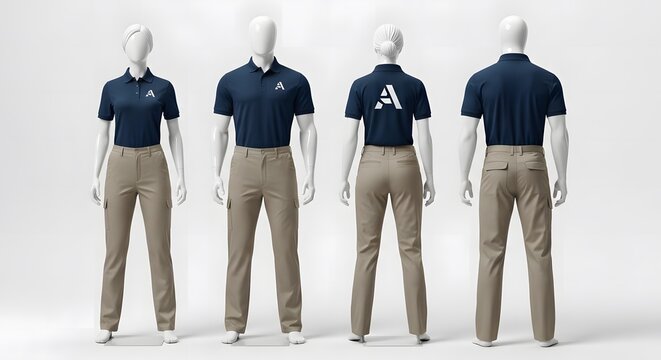 Professional male and female mannequins showcase navy polo shirts and khaki cargo pants with logo