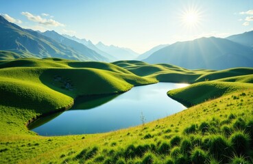 Obraz premium Sunlit green hills surrounding a tranquil lake in a mountainous landscape
