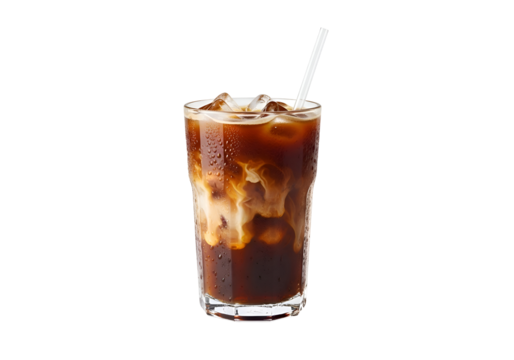Iced coffee drink in a glass with ice and a straw.