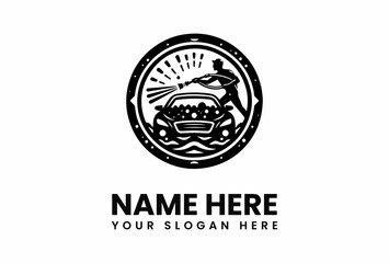 Car Wash Logo Design with Person Washing Vehicle.